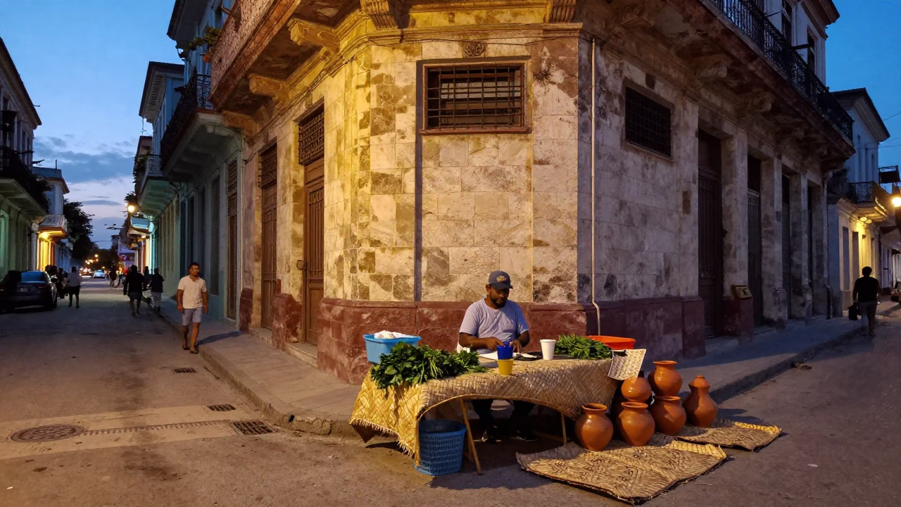 Twilight Street Scene in Havana Cuba with Woven Mats and Clay Pots in in Havana, Cuba