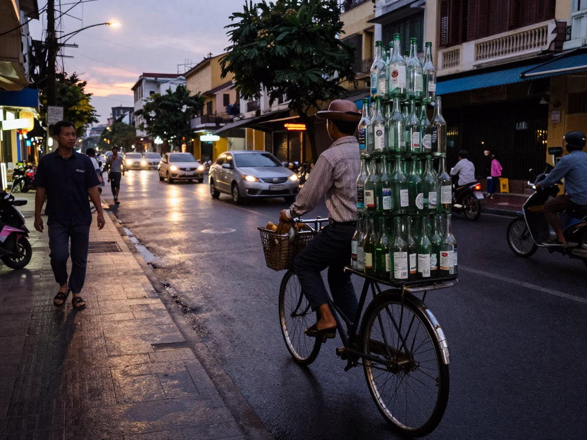 Twilight street scene in Ho Chi Minh City Vietnam with vintage bicycle and bottle in in Ho Chi Minh City, Vietnam