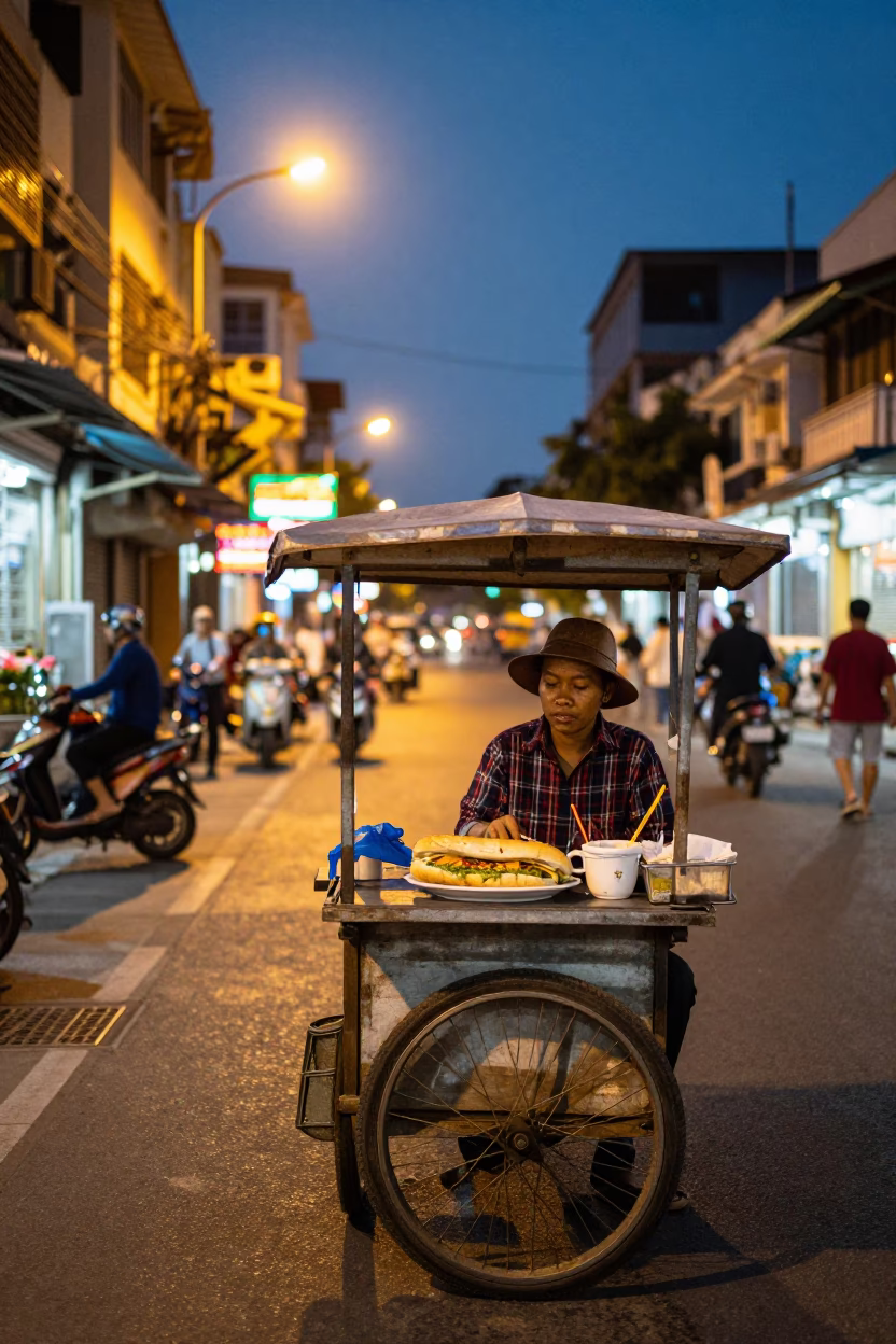 Twilight Street Scene in Ho Chi Minh City with Banh Mi Plate in in Ho Chi Minh City, Vietnam