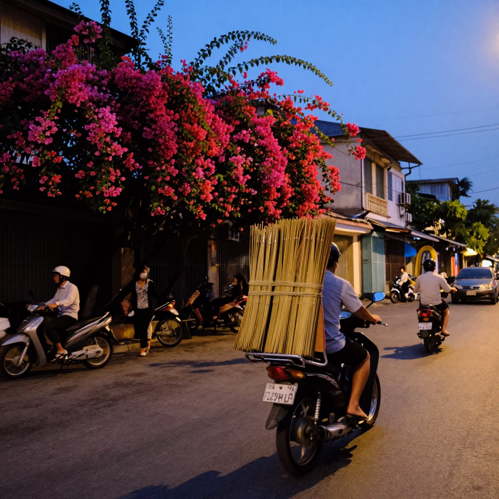 Twilight Street Scene in Ho Chi Minh City with Bougainvillea and Motorbikes in in Ho Chi Minh City, Vietnam