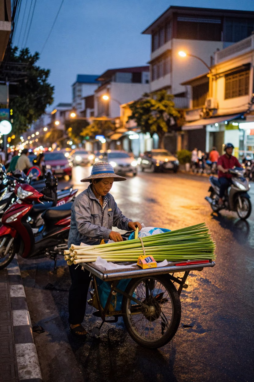 Twilight street scene in Ho Chi Minh City with lemongrass vendor and motorbikes in in Ho Chi Minh City, Vietnam