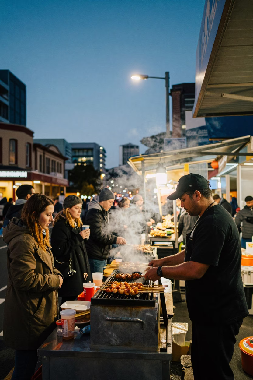 Twilight Street Scene in Hobart Tasmania Australia with Sate Skewers and Local Atmosphere in in Hobart, Tasmania, Australia