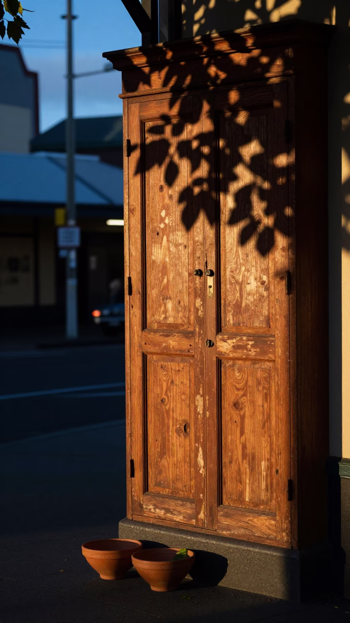 Twilight Street Scene in Hobart Tasmania Australia with Terracotta Bowls and Leaf Shadows in in Hobart, Tasmania, Australia