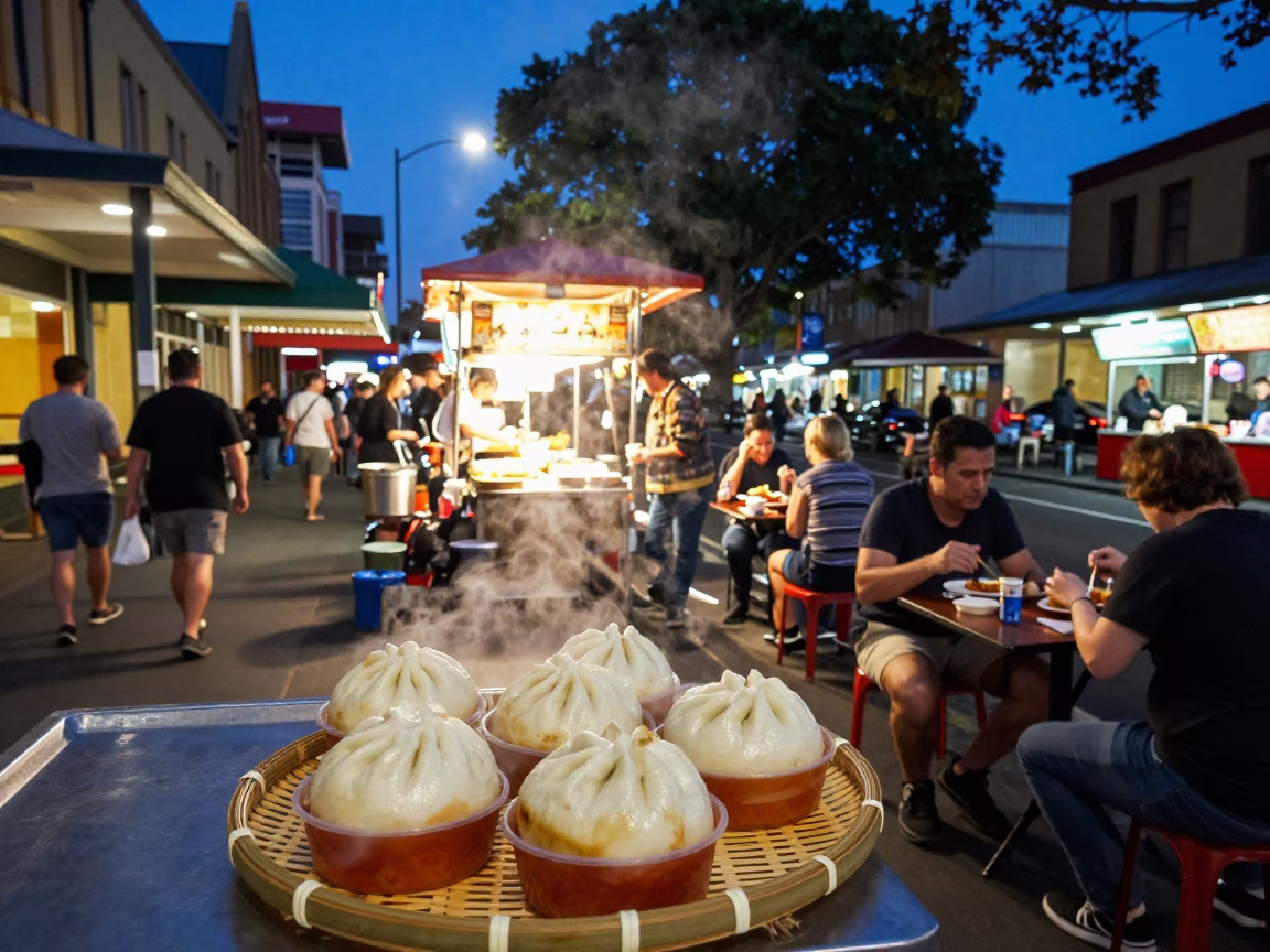Twilight Street Scene in Hobart Tasmania Featuring Night Market Food Court and Local Dining in in Hobart, Tasmania, Australia