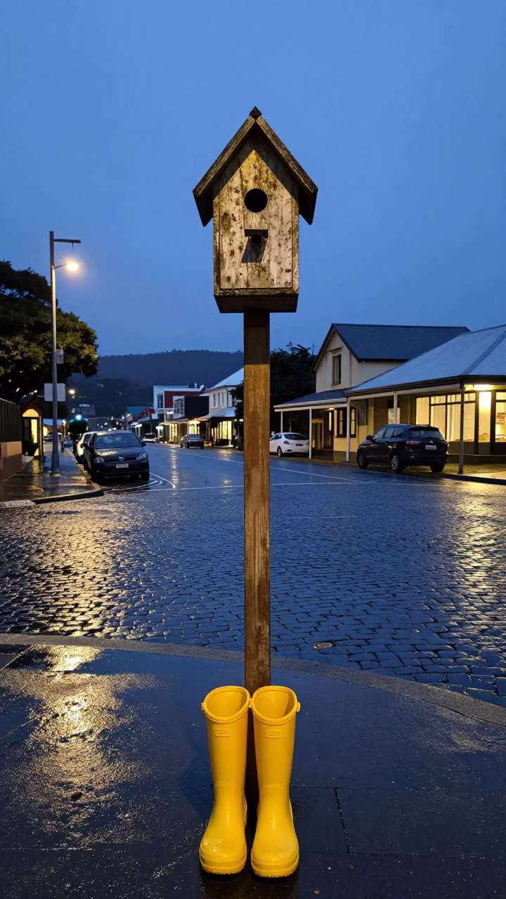 Twilight Street Scene in Hobart Tasmania with Birdhouse and Rain Boots in in Hobart, Tasmania, Australia