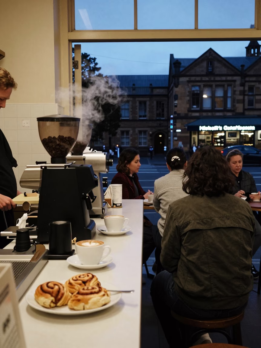Twilight Street Scene in Hobart Tasmania with Coffee Shop and University Students in in Hobart, Tasmania, Australia