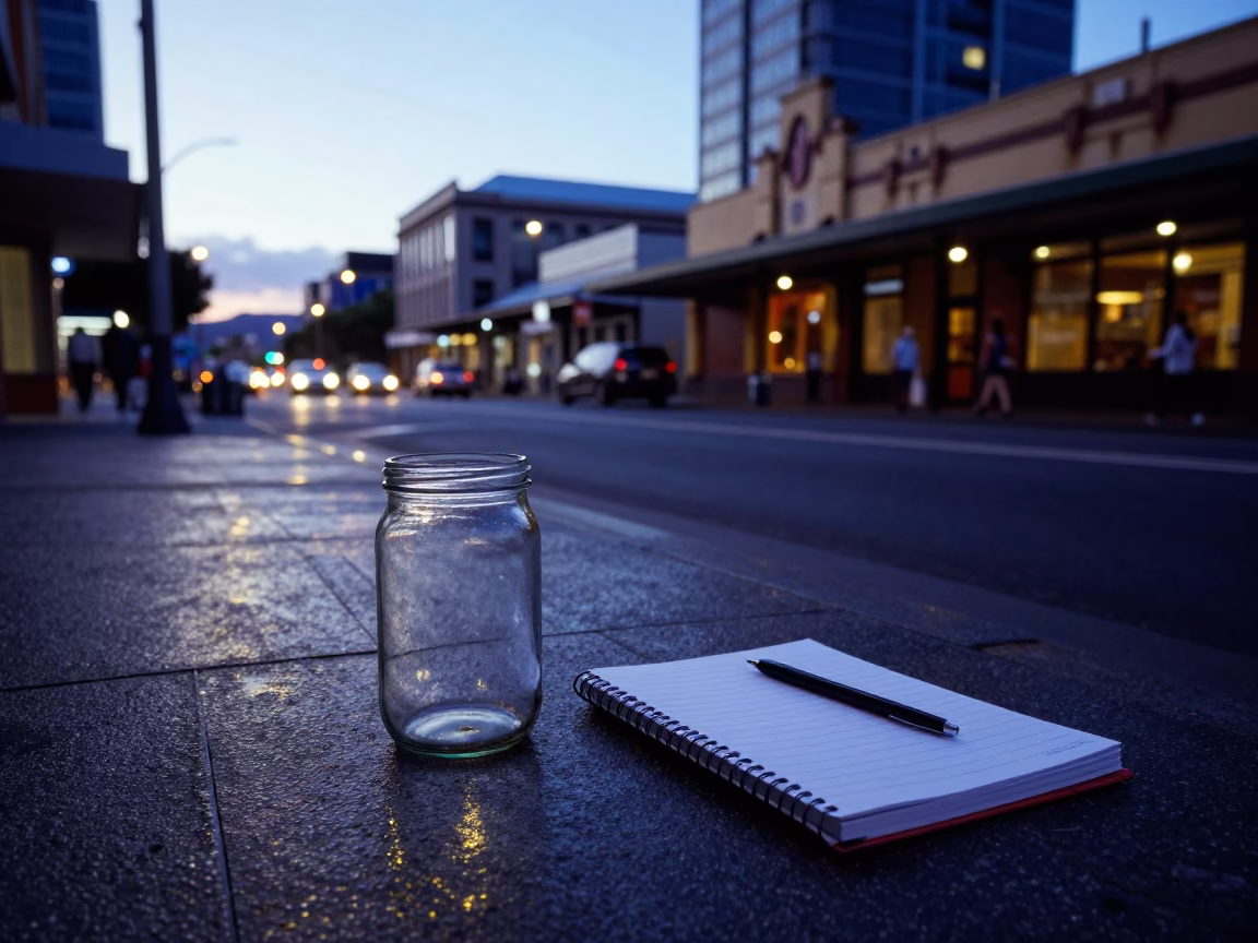 Twilight Street Scene in Hobart Tasmania with Glass Jar and Notebook on Cobblestone in in Hobart, Tasmania, Australia