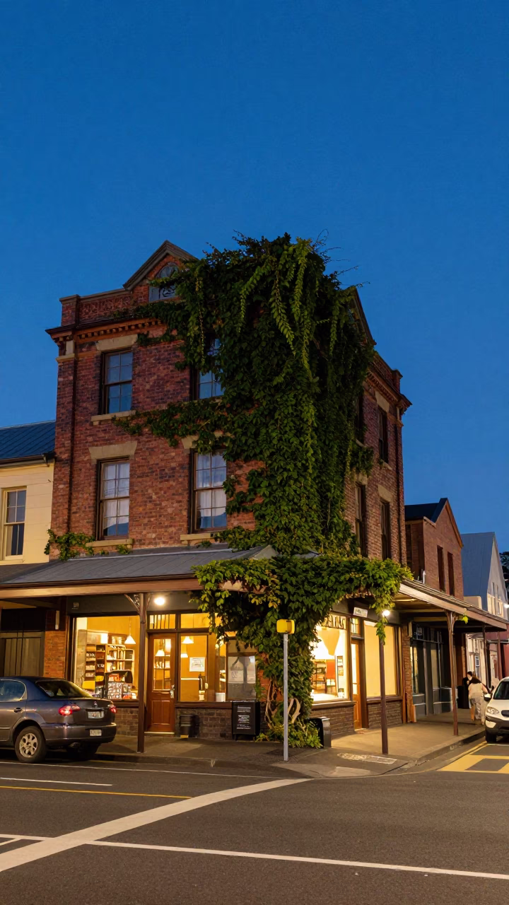 Twilight Street Scene in Hobart Tasmania with Ivy Vines and Vintage Cars in in Hobart, Tasmania, Australia