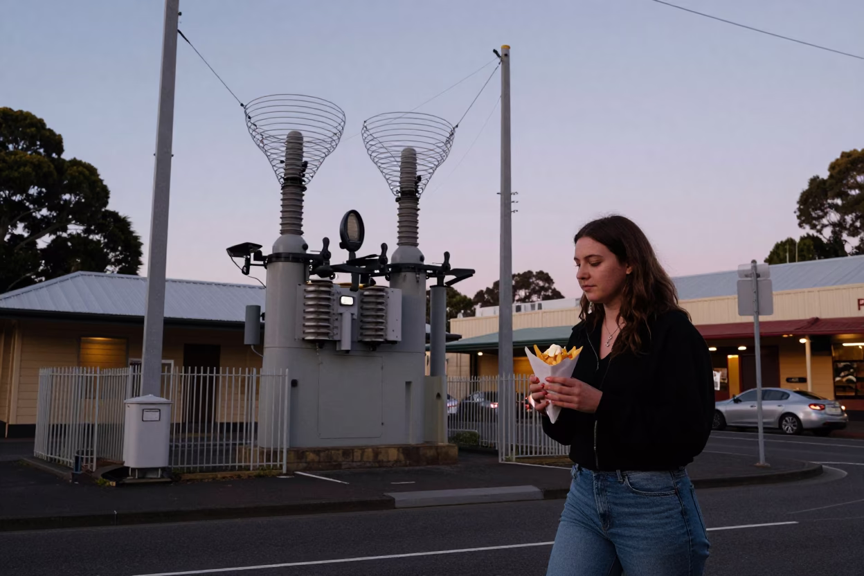 Twilight street scene in Hobart Tasmania with power substation and local food in in Hobart, Tasmania, Australia