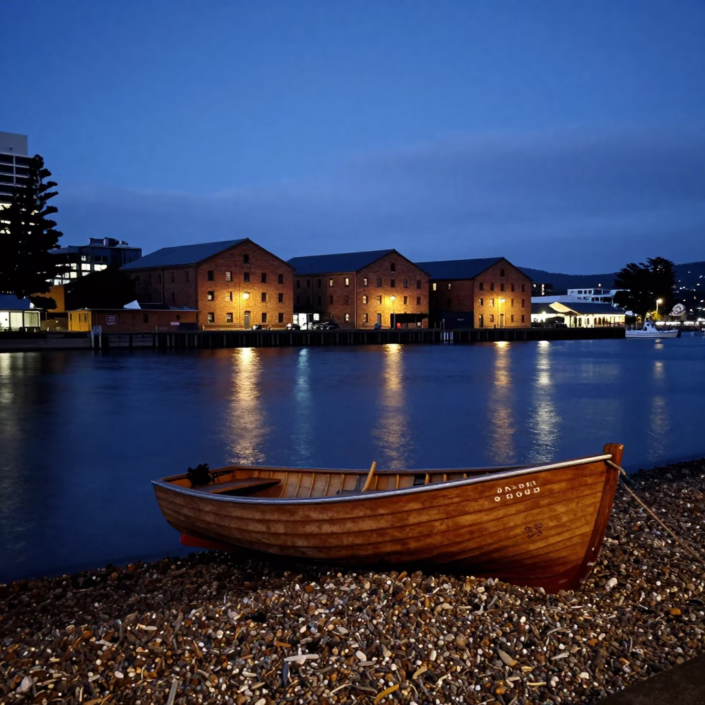 Twilight street scene in Hobart Tasmania with rowboat and pebble beach in in Hobart, Tasmania, Australia
