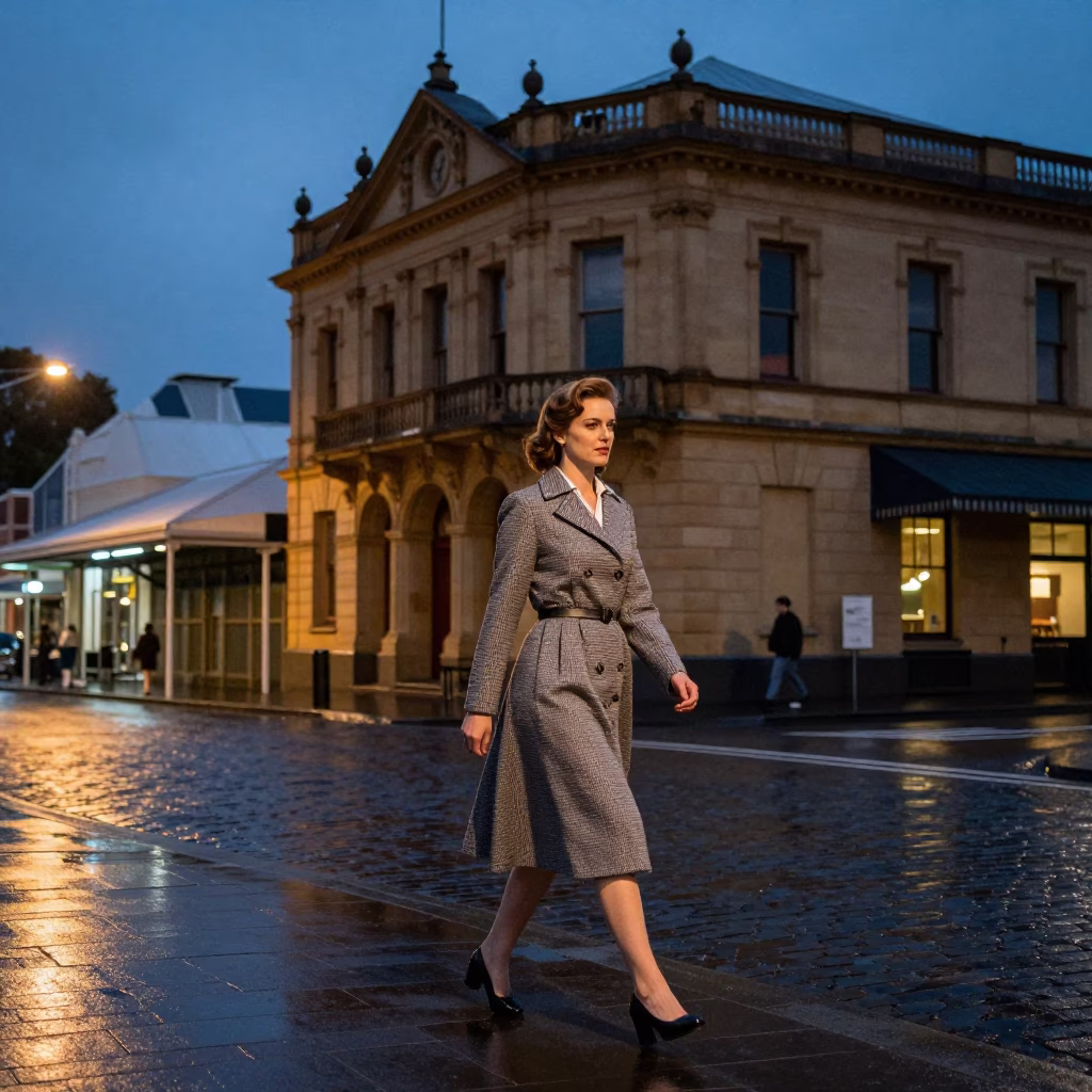 Twilight Street Scene in Hobart Tasmania with Vintage 1950s Fashion and Maritime Harbor Views in in Hobart, Tasmania, Australia