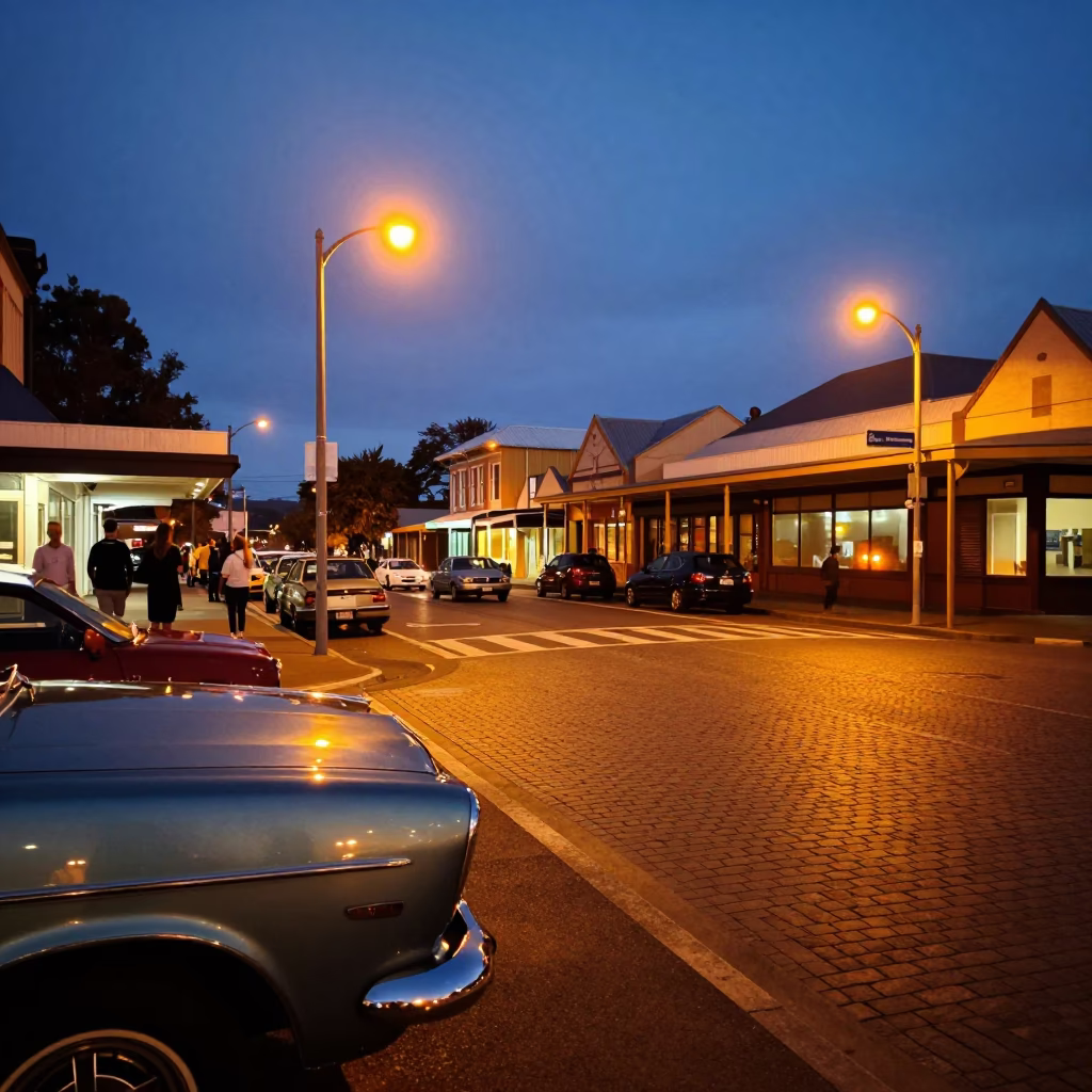 Twilight Street Scene in Hobart Tasmania with Vintage 1970s Color Palette and Local Architecture in in Hobart, Tasmania, Australia
