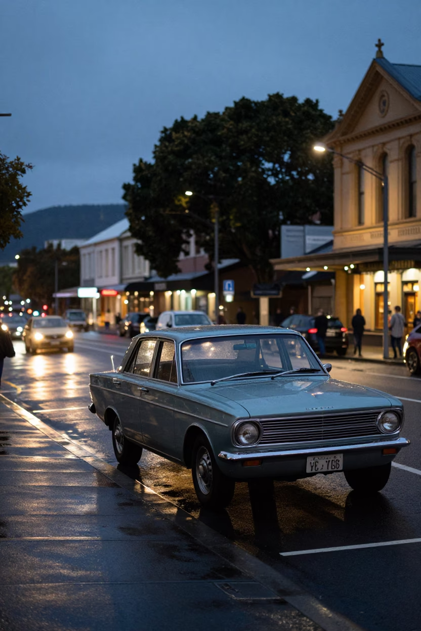 Twilight Street Scene in Hobart Tasmania with Vintage Cars and City Lights in in Hobart, Tasmania, Australia