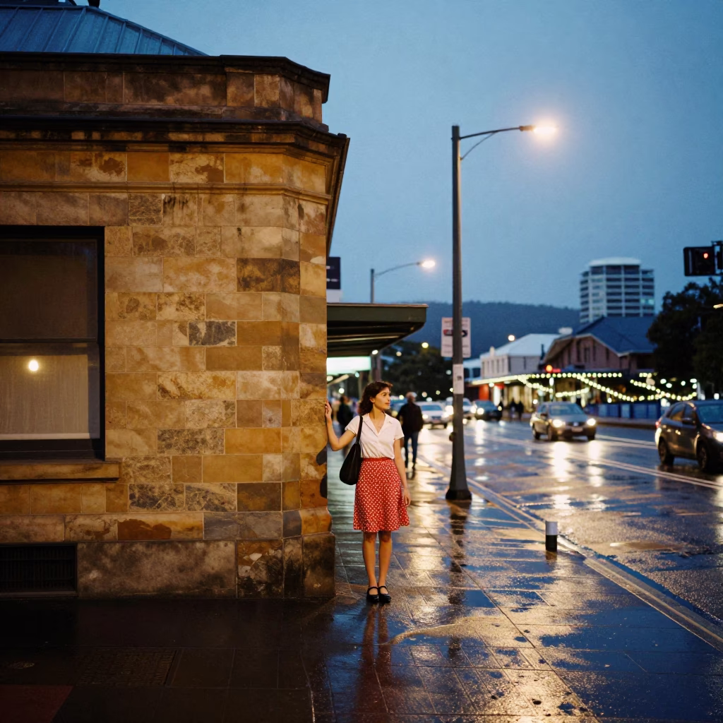 Twilight Street Scene in Hobart Tasmania with Vintage Fashion and Local Architecture in in Hobart, Tasmania, Australia