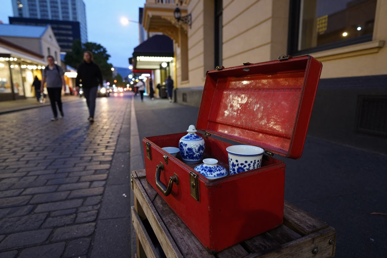 Twilight Street Scene in Hobart Tasmania with Vintage Toolbox and Porcelain Plate in in Hobart, Tasmania, Australia