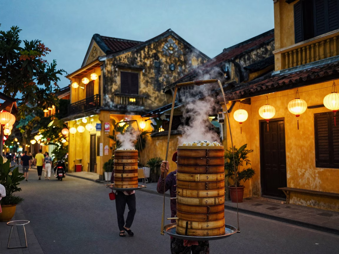 Twilight Street Scene in Hoi An Vietnam with Bamboo Steamers and Lanterns in in Hoi An, Vietnam