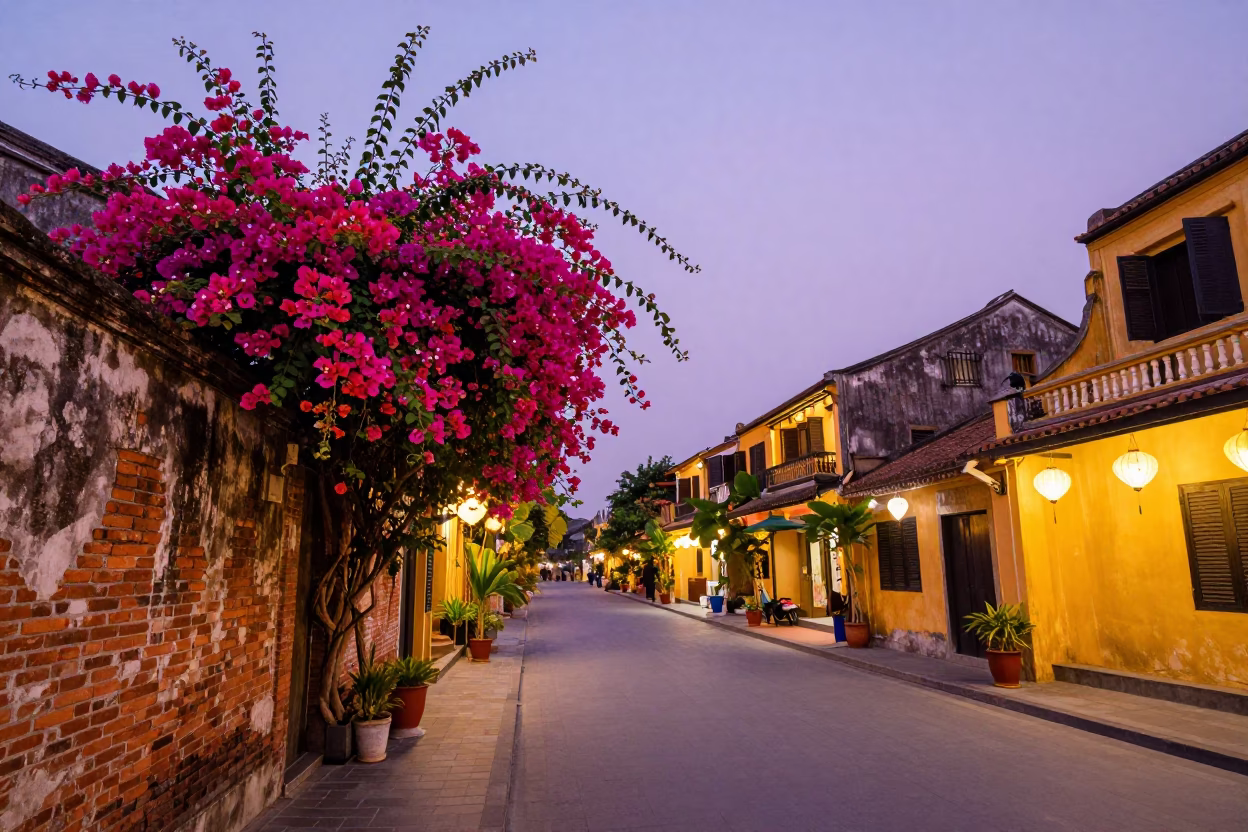 Twilight Street Scene in Hoi An Vietnam with Bougainvillea and Lanterns in in Hoi An, Vietnam