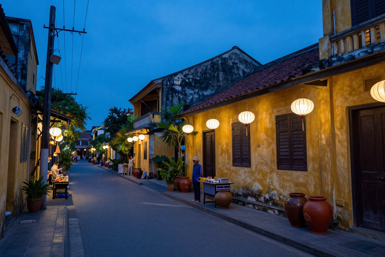 Twilight Street Scene in Hoi An Vietnam with Lanterns and Clay Pots in in Hoi An, Vietnam