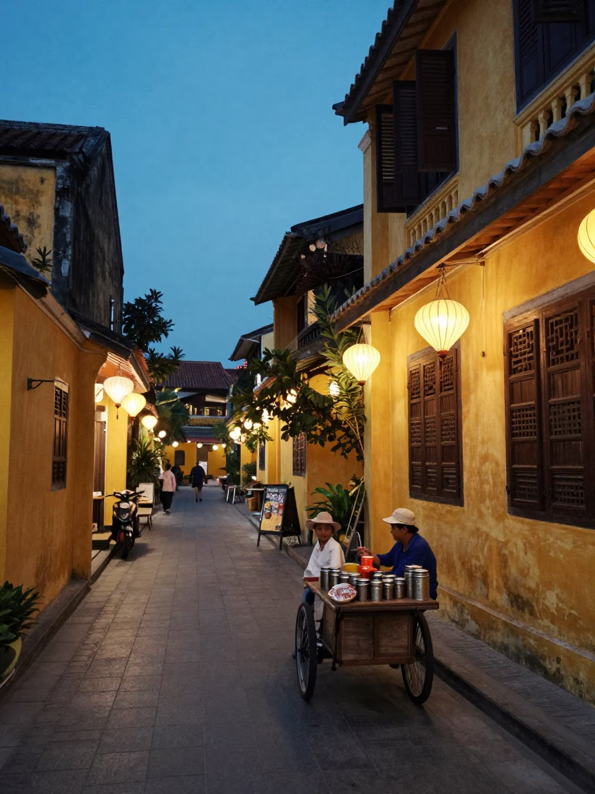 Twilight Street Scene in Hoi An Vietnam with Lanterns and Coffee Tin in in Hoi An, Vietnam