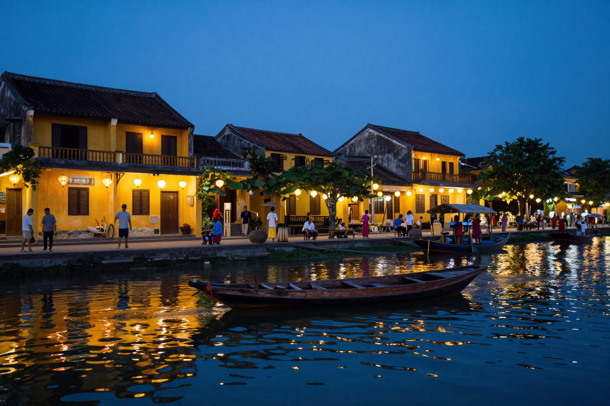 Twilight Street Scene in Hoi An Vietnam with Lanterns and Local Activity in in Hoi An, Vietnam