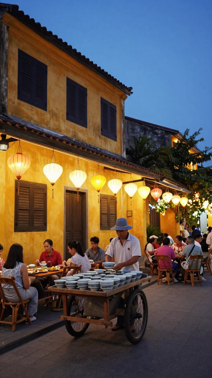 Twilight street scene in Hoi An Vietnam with lanterns and local dining in in Hoi An, Vietnam