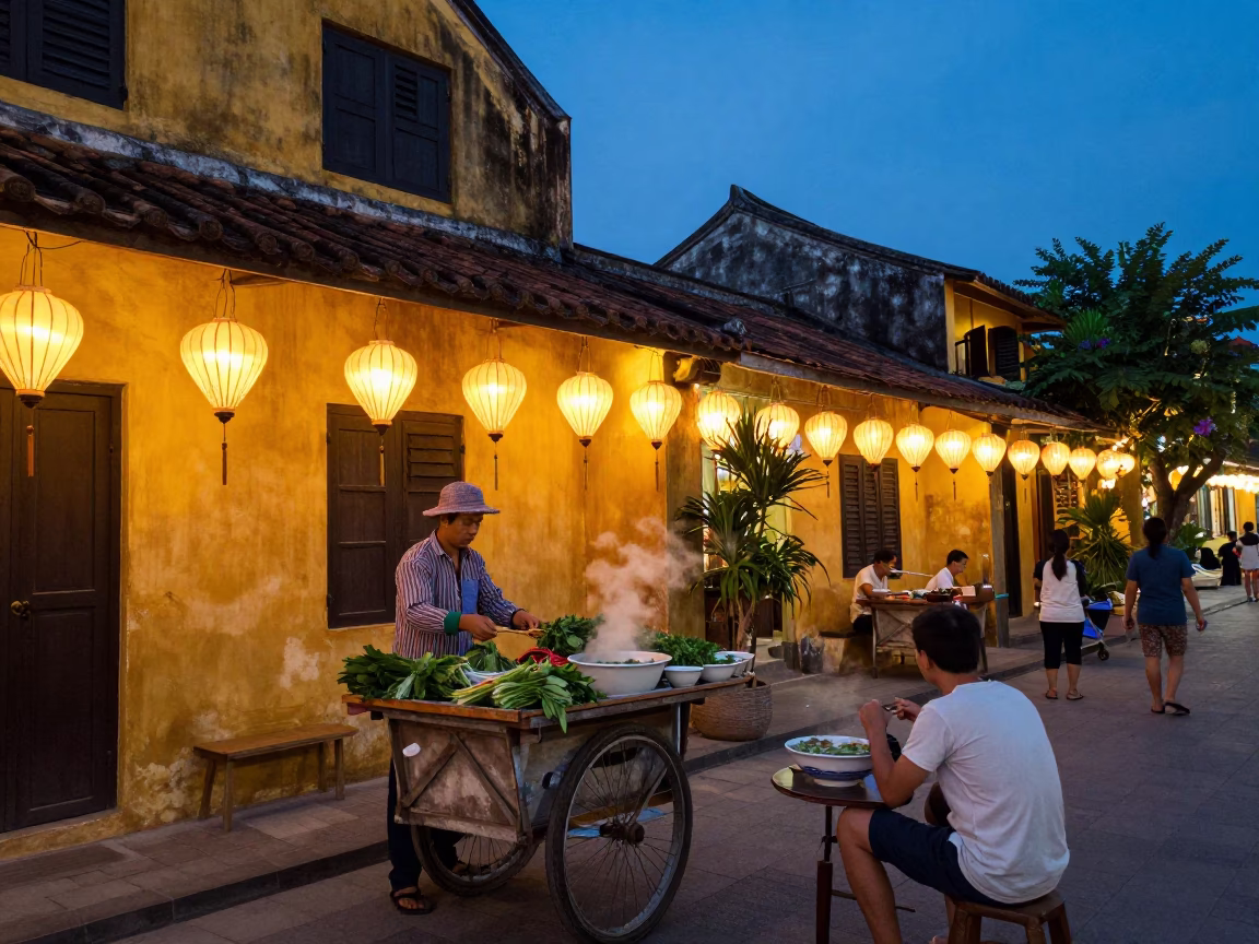 Twilight Street Scene in Hoi An Vietnam with Lanterns and Local Life in in Hoi An, Vietnam
