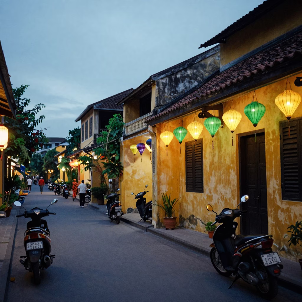 Twilight street scene in Hoi An Vietnam with lanterns and motorbikes in in Hoi An, Vietnam