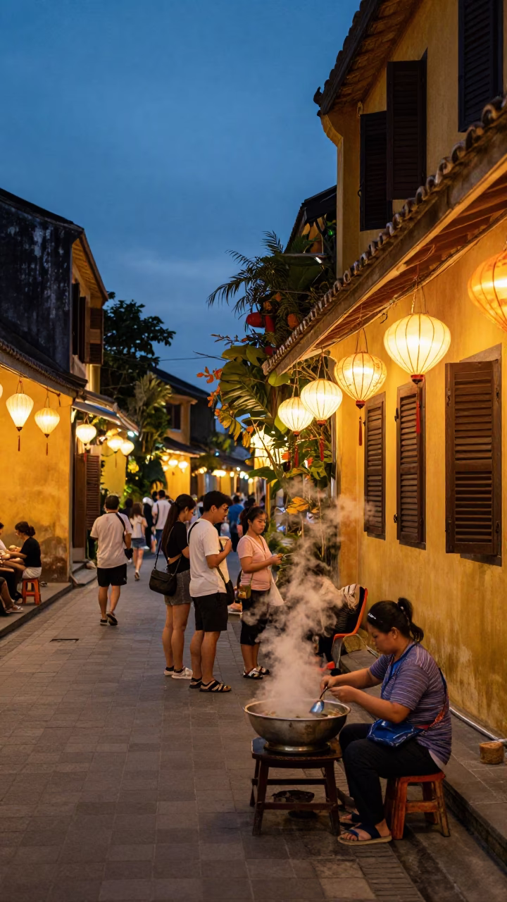 Twilight Street Scene in Hoi An Vietnam with Lanterns and Pho Bowl in in Hoi An, Vietnam