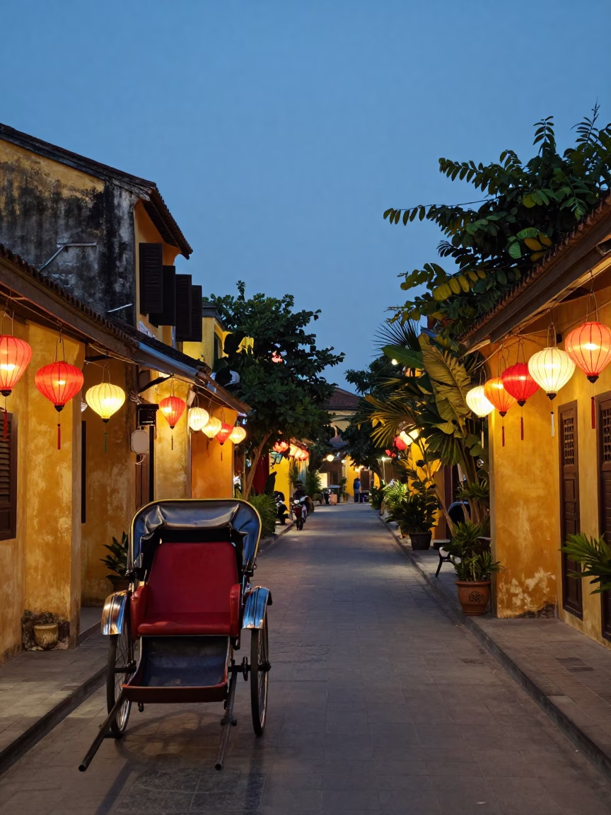 Twilight street scene in Hoi An Vietnam with lanterns and rickshaw in in Hoi An, Vietnam