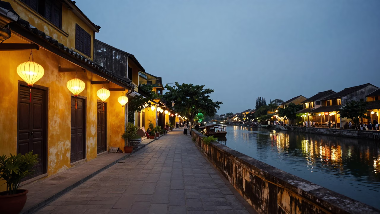Twilight Street Scene in Hoi An Vietnam with Lanterns and River in in Hoi An, Vietnam