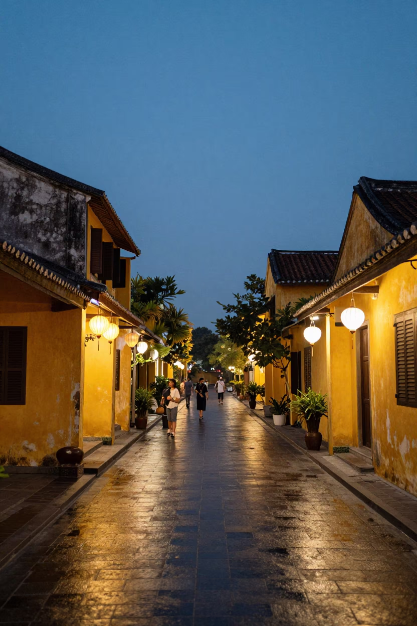 Twilight street scene in Hoi An Vietnam with lanterns and traditional architecture in in Hoi An, Vietnam