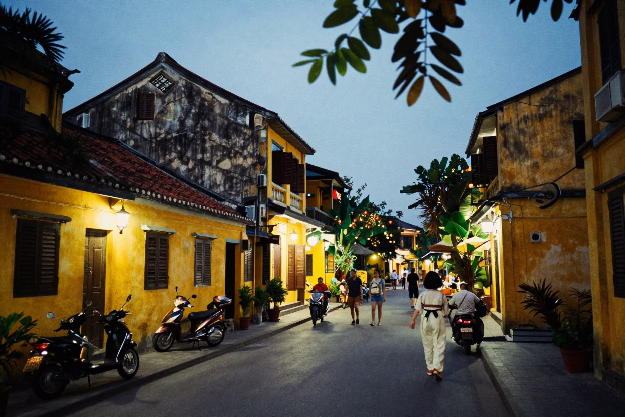 Twilight Street Scene in Hoi An Vietnam with Leaf Shadows and Traditional Architecture in in Hoi An, Vietnam