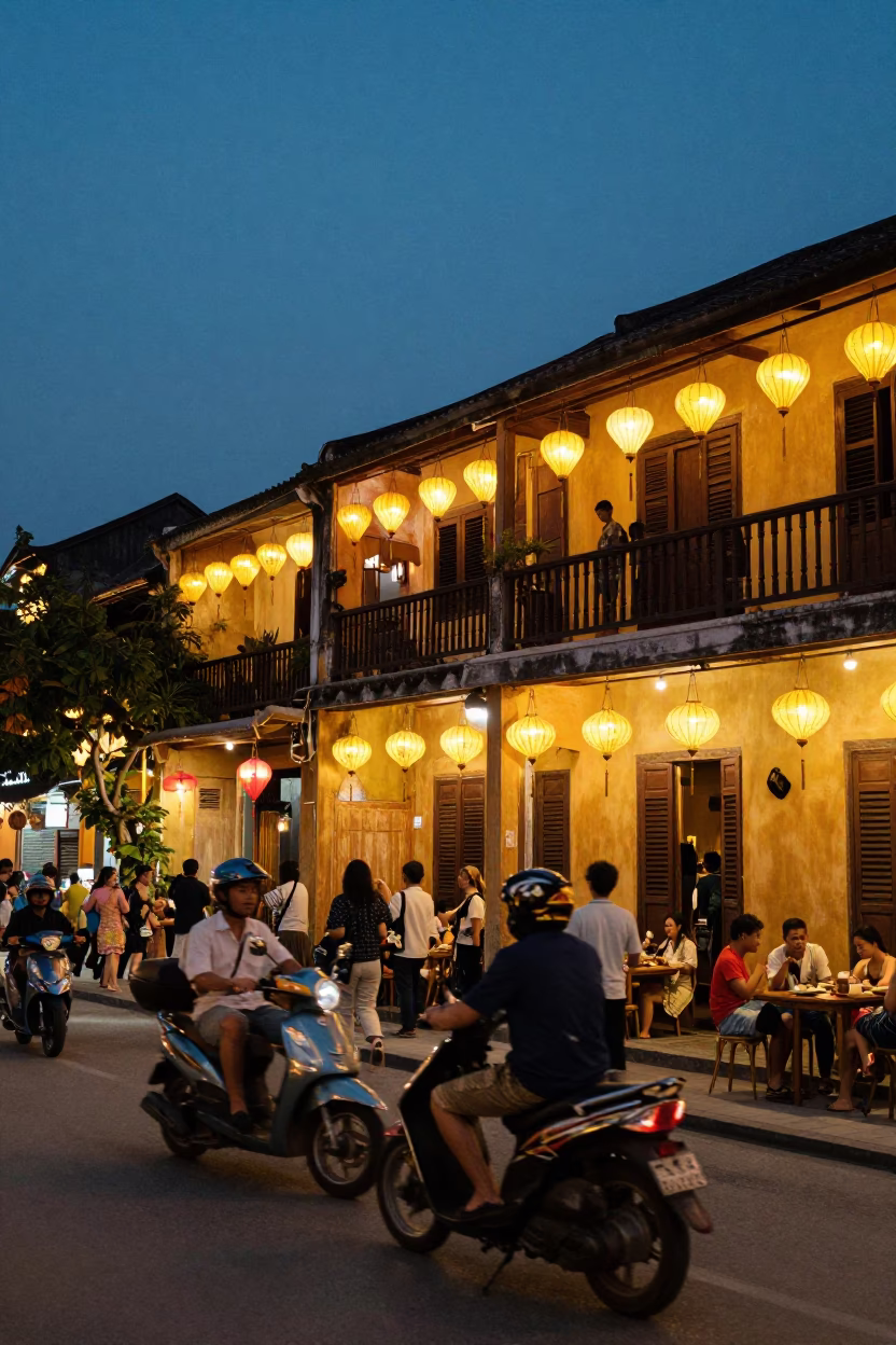 Twilight Street Scene in Hoi An Vietnam with Scooter and Lanterns in in Hoi An, Vietnam