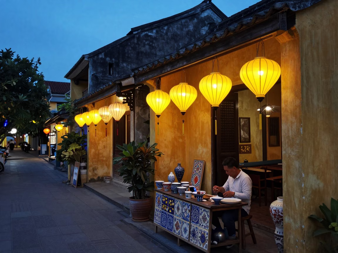Twilight Street Scene in Hoi An Vietnam with Traditional Lanterns and Ceramic Shop Display in in Hoi An, Vietnam