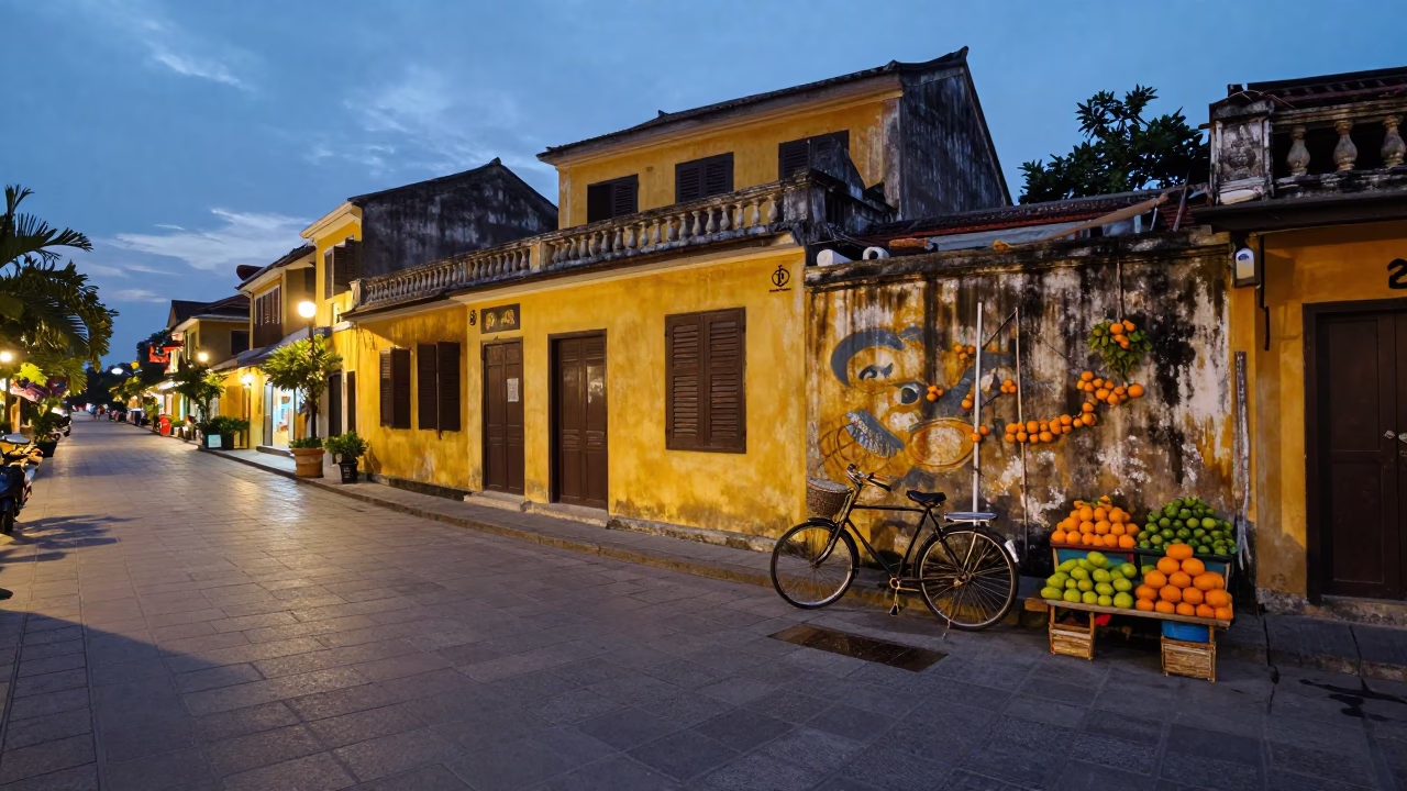 Twilight Street Scene in Hoi An Vietnam with Vintage Bicycle and Oranges in in Hoi An, Vietnam