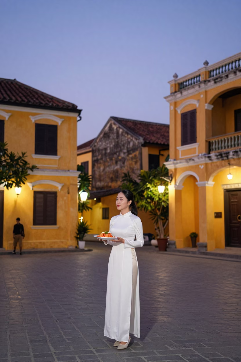 Twilight Street Scene in Hoi An Vietnam with Vintage Yellow Buildings and Local Dining in in Hoi An, Vietnam