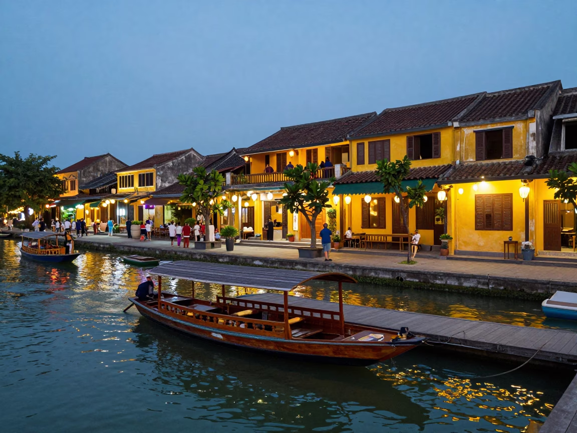 Twilight Street Scene in Hoi An Vietnam with Water Taxi and Lanterns in in Hoi An, Vietnam