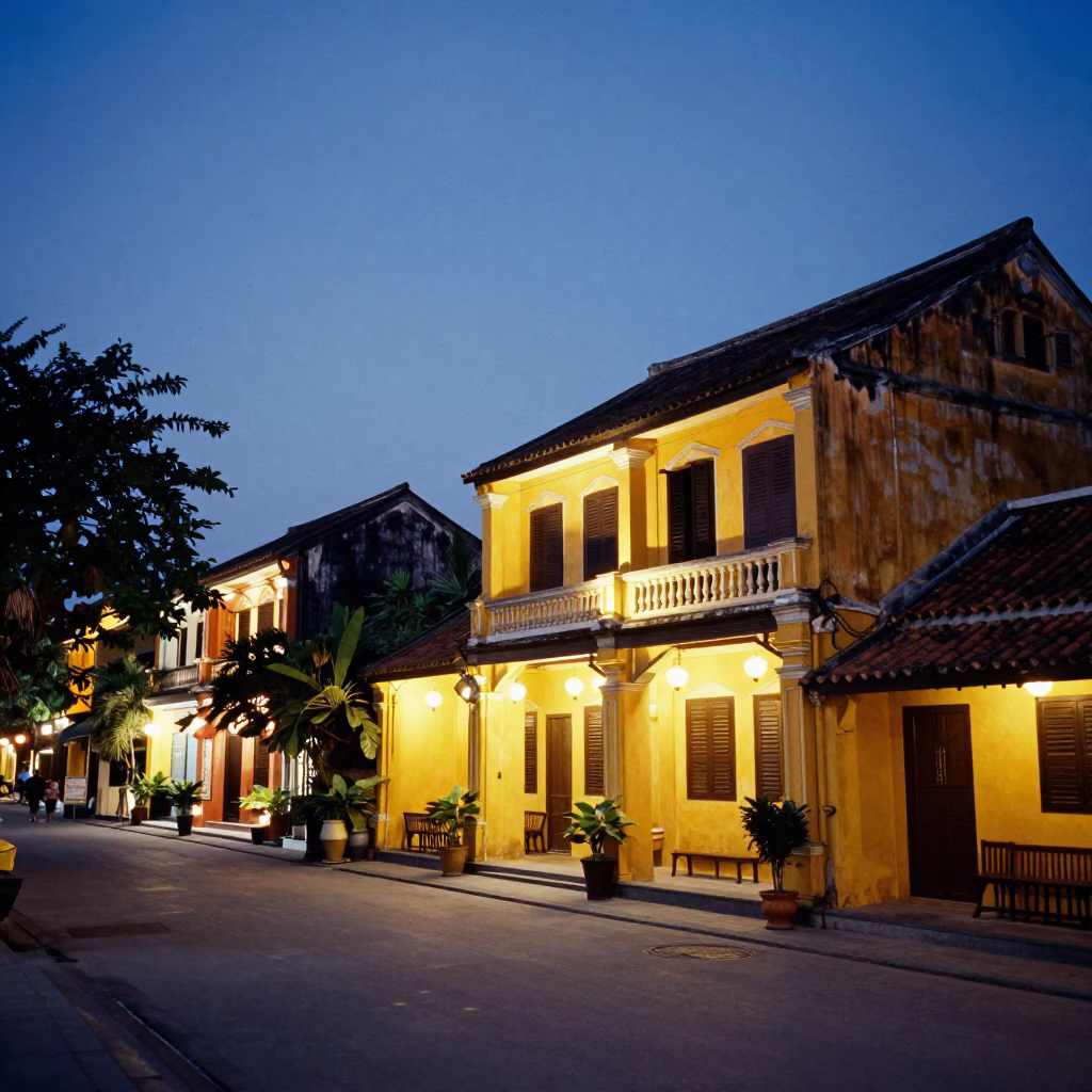 Twilight Street Scene in Hoi An Vietnam with Yellow Buildings and Local Dining in in Hoi An, Vietnam