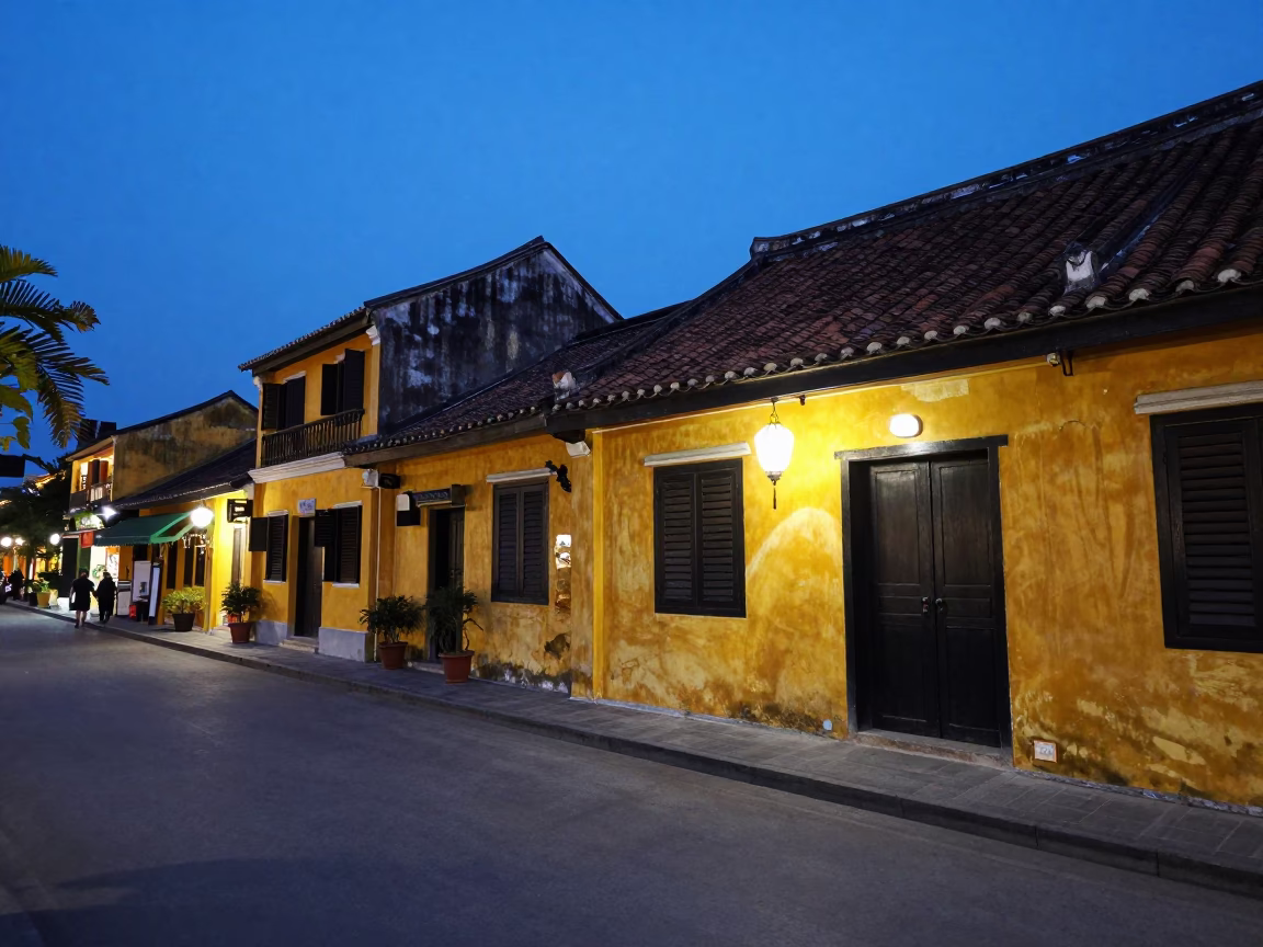 Twilight Street Scene in Hoi An Vietnam with Yellow Facades and Glass Jar in in Hoi An, Vietnam