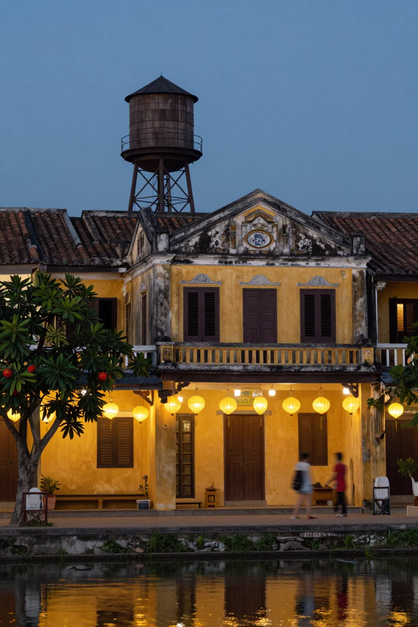 Twilight Street Scene in Hoi An Vietnam with Yellow Lanterns and Water Tower in in Hoi An, Vietnam