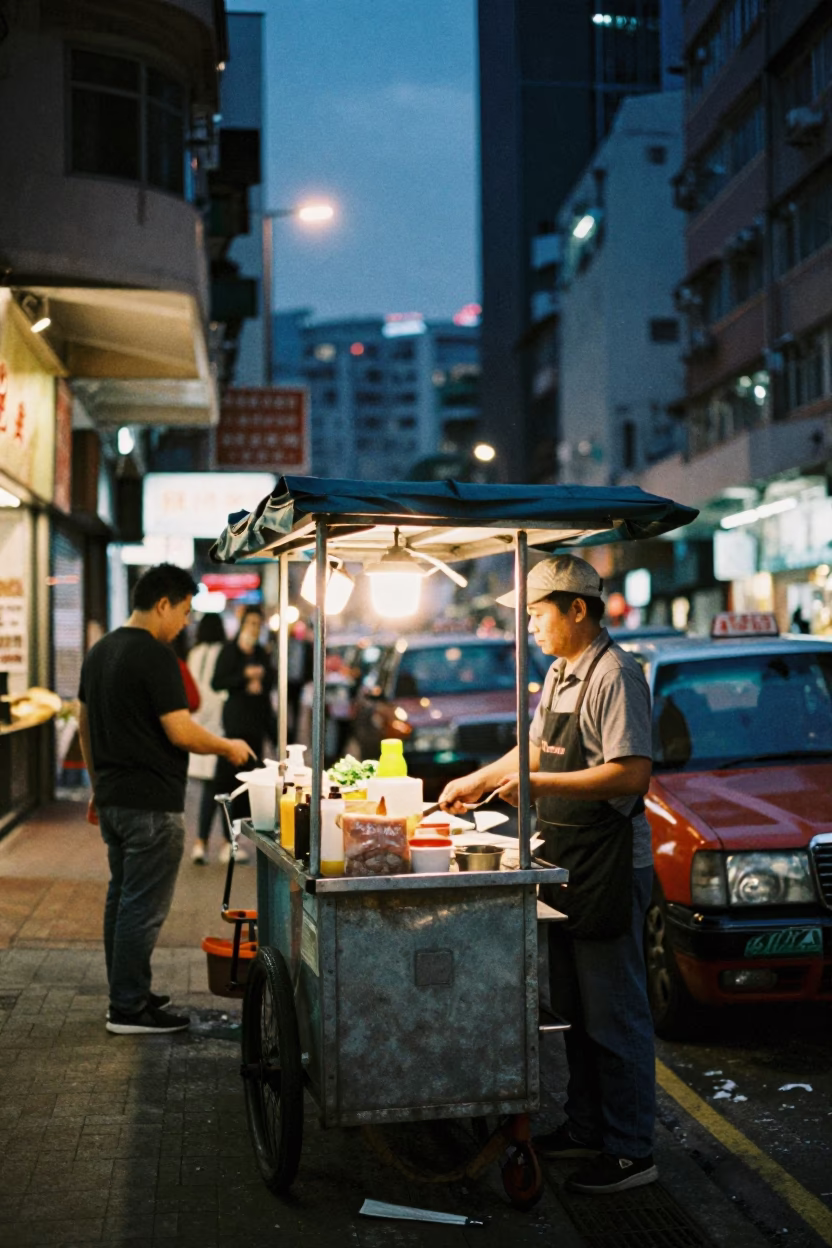 Twilight Street Scene in Hong Kong Featuring Local Food and Urban Details in in Hong Kong, Hong Kong