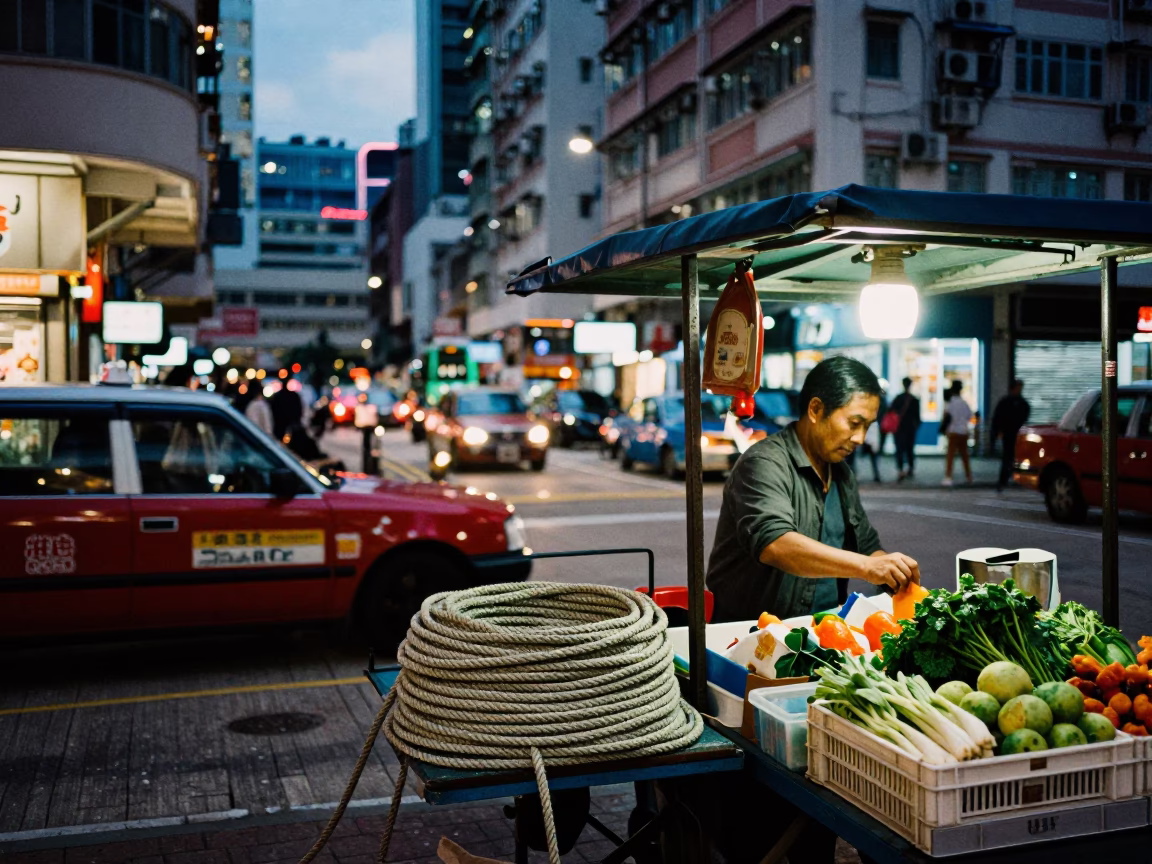 Twilight Street Scene in Hong Kong with Coiled Rope and Urban Life in in Hong Kong, Hong Kong