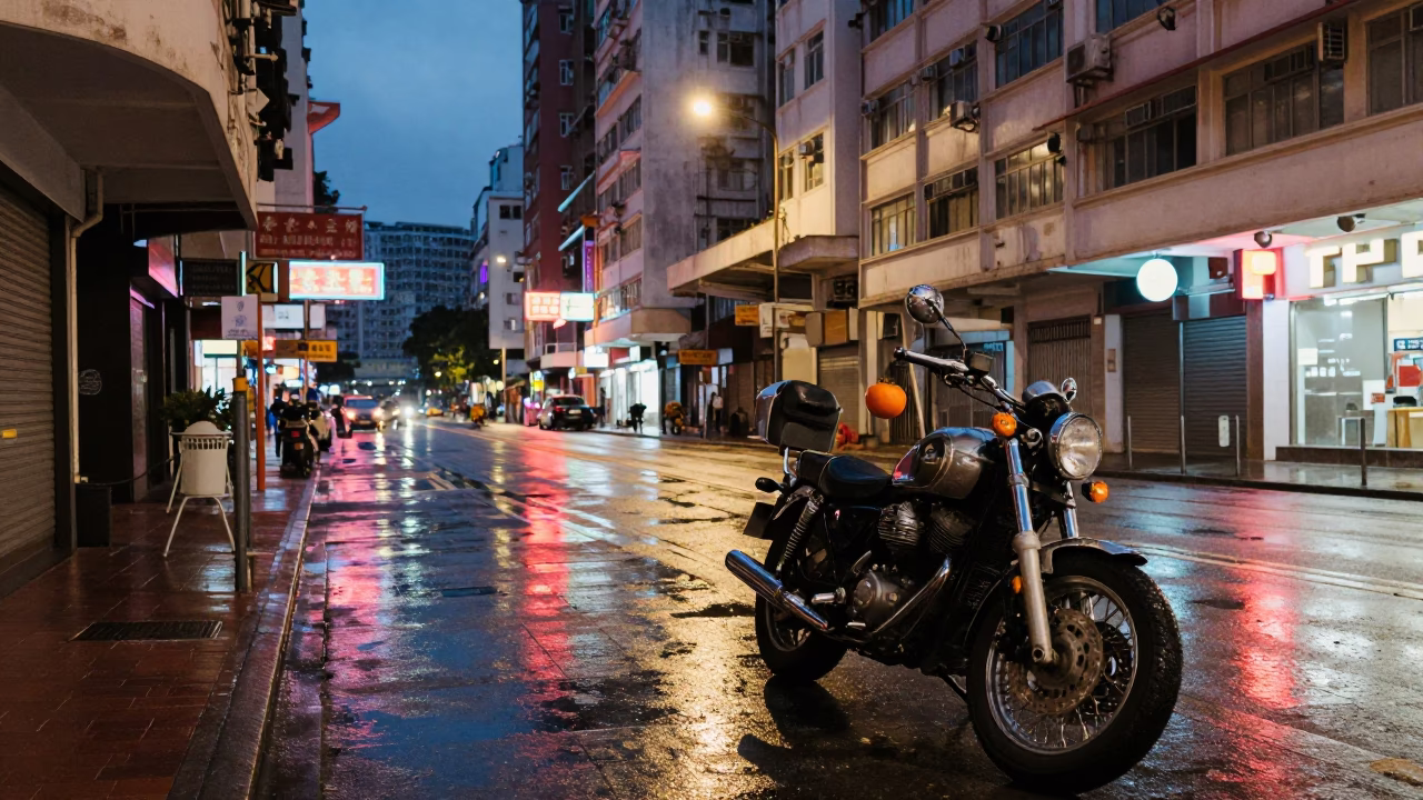 Twilight Street Scene in Hong Kong with Motorcycle and Persimmons in in Hong Kong, Hong Kong