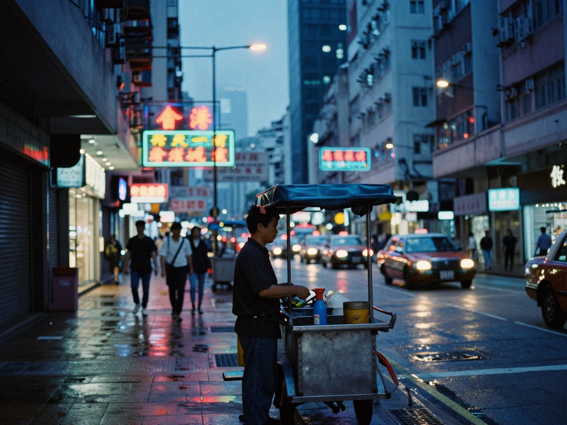 Twilight street scene in Hong Kong with neon signs and urban life in in Hong Kong, Hong Kong