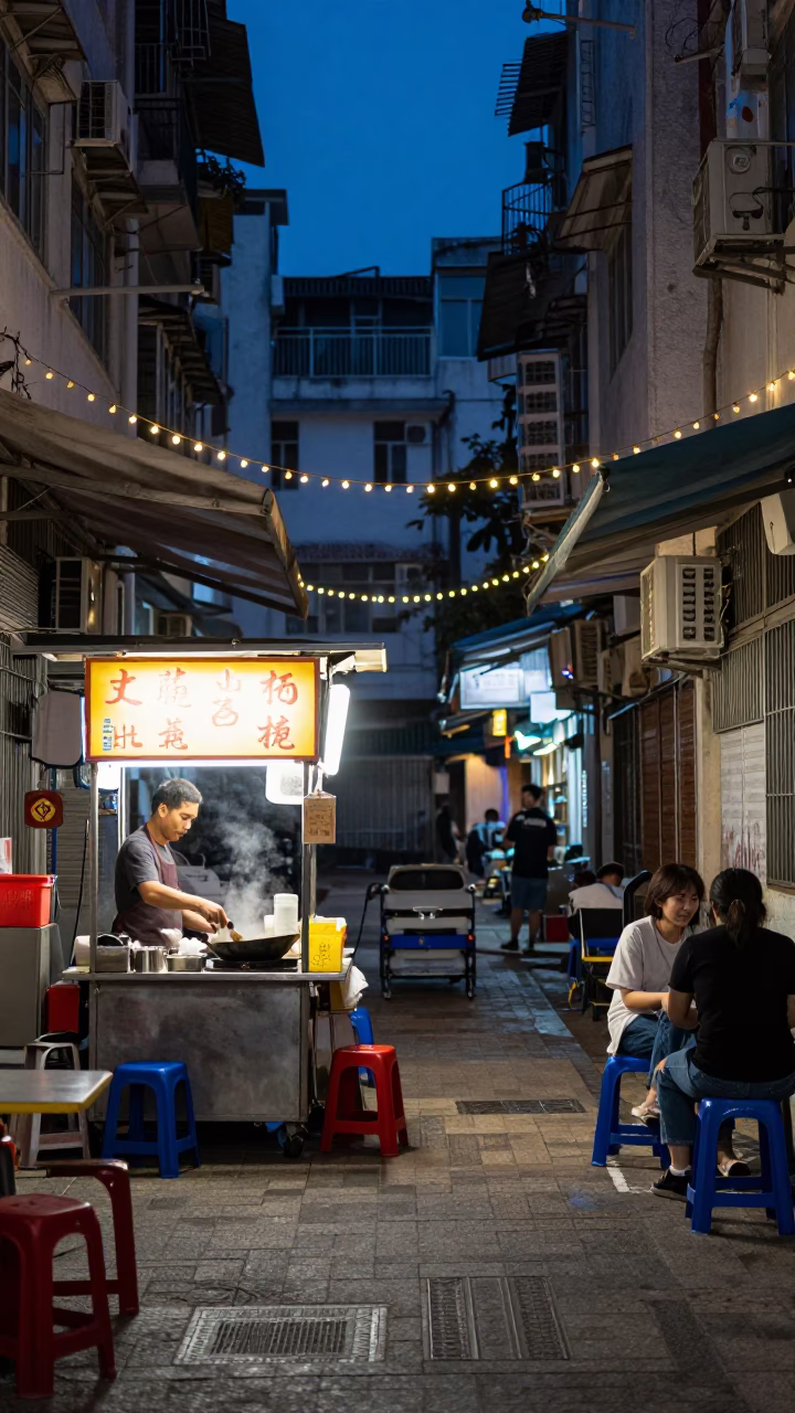Twilight Street Scene in Hong Kong With String Lights and Traditional Details in in Hong Kong, Hong Kong