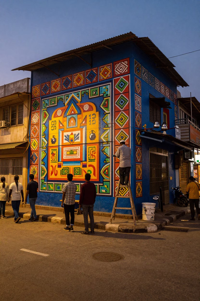 Twilight Street Scene in Hyderabad India with Colorful Mural and Kettle in in Hyderabad, India