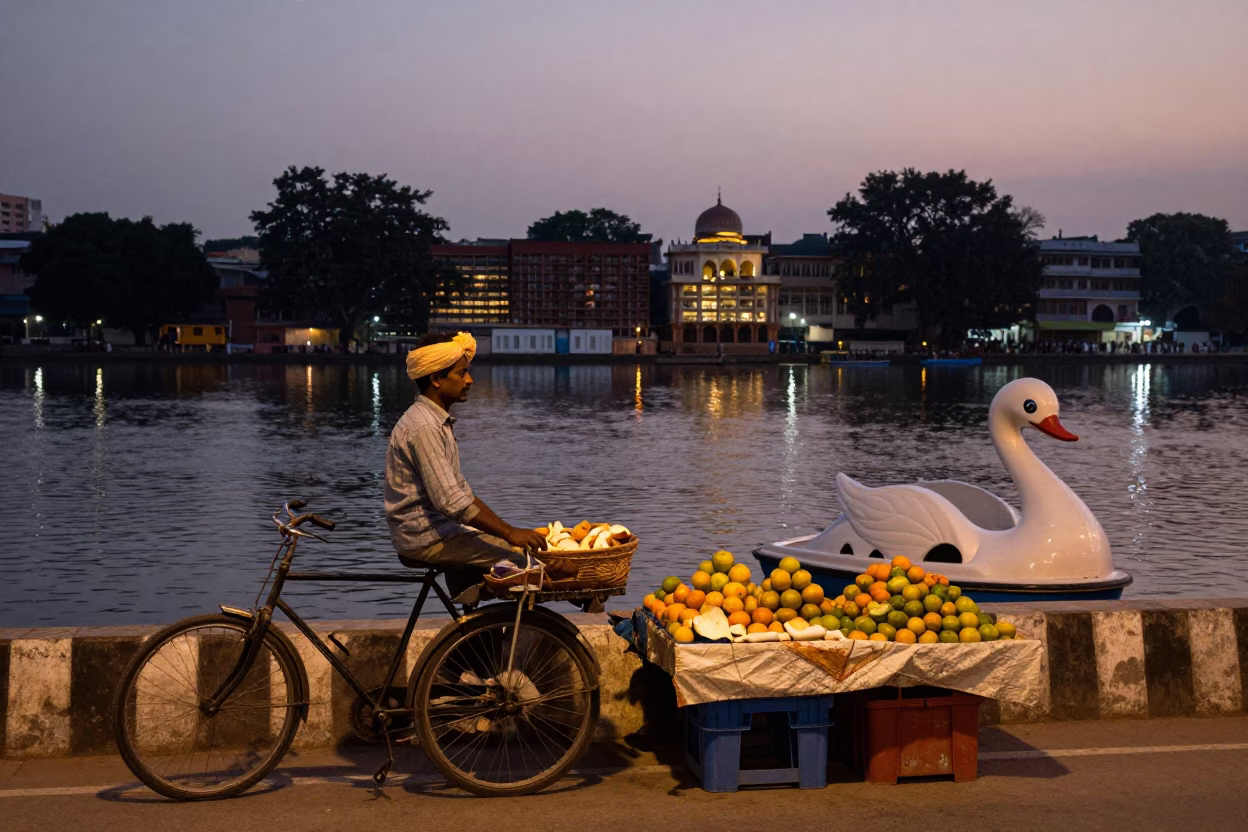 Twilight Street Scene in Hyderabad India with Fruit Vendor and Pedal Boat in in Hyderabad, India