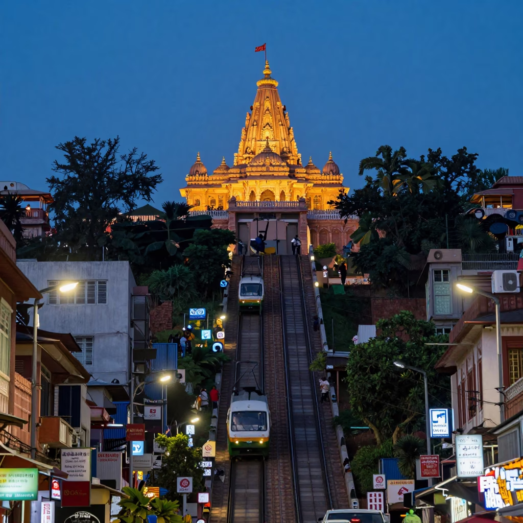 Twilight Street Scene in Hyderabad India with Funicular Climbing Steep Hill and Local Activity in in Hyderabad, India