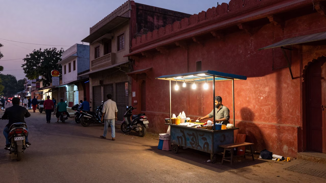 Twilight Street Scene in Hyderabad India with Local Vendor and Red Flowers in in Hyderabad, India