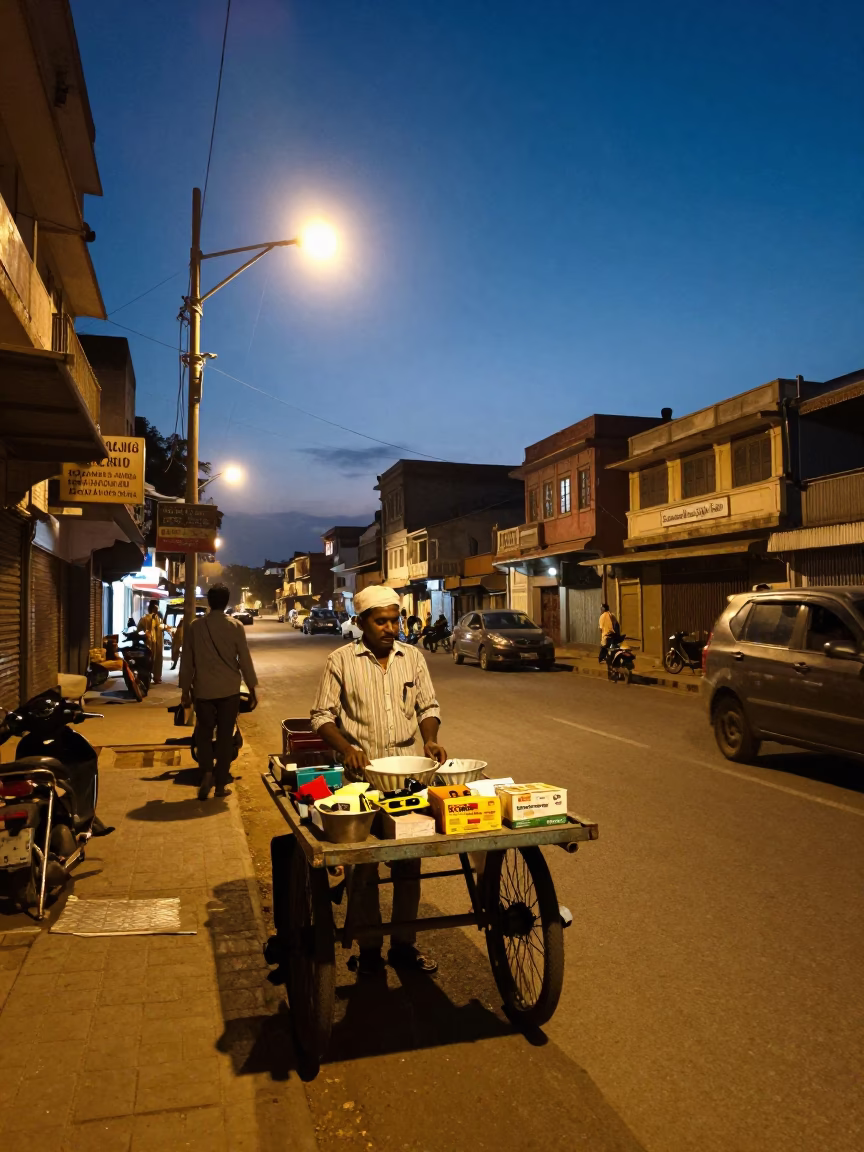 Twilight street scene in Hyderabad India with local vendor and traditional architecture in in Hyderabad, India